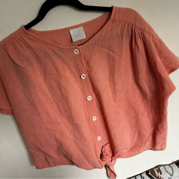 Vintage Peach cropped linen beach summer button up shirt top tie front M SMC - Picture 5 of 6